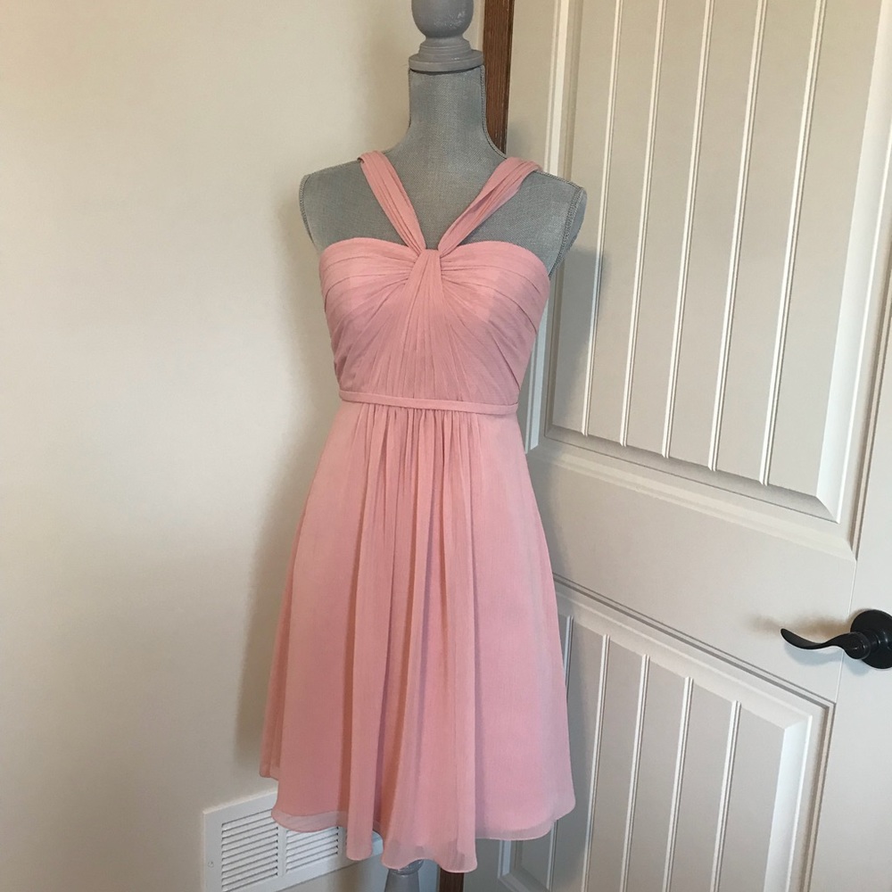 Y-Neck Ruched Bodice Crinkle Chiffon Short Dresss